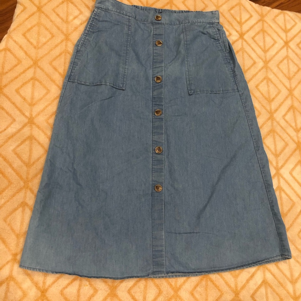 Robert Louis Button Front Denim Midi Skirt with Pockets